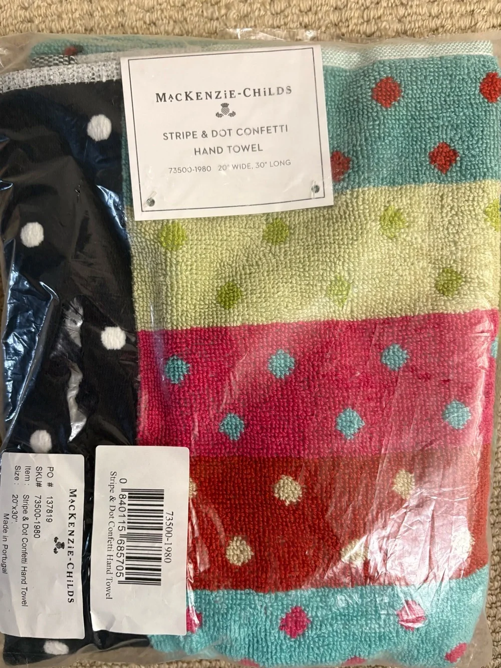 MacKenzie-Childs Hand Towel in Turquoise, Red, White and Black Confetti Stripe